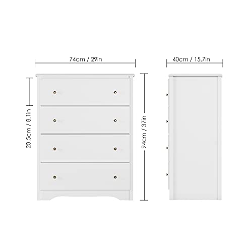 URKNO White Dresser with 4 Drawers, Modern Wide Chest of Drawers, Solid Wood Frame, Tall Storage Chest, Nightstand for Bedroom, Closet, Entryway, White