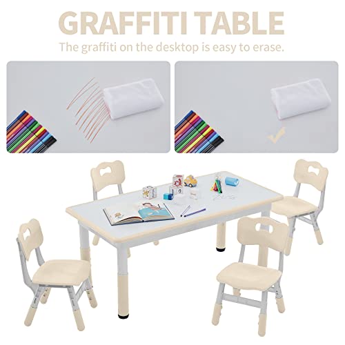 DOREROOM Toddler Table and Chairs Set for 4, 49''L x 25''W Kids Study Table and Chair Set, Height-Adjustable Scrubtable Desktop Child's Table for Daycare, Classroom, Home, Burlywood