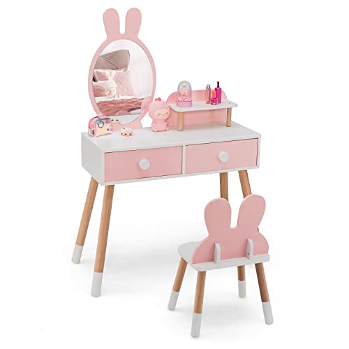 Costzon Kids Vanity Set, Girls Vanity Set with Mirror and Stool, 2 Large Drawers, Storage Shelf, Wooden Princess Makeup Dressing Table, Pretend Play Vanity Table and Chair Set for Toddlers, Pink