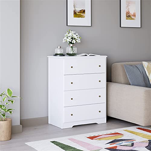 URKNO White Dresser with 4 Drawers, Modern Wide Chest of Drawers, Solid Wood Frame, Tall Storage Chest, Nightstand for Bedroom, Closet, Entryway, White