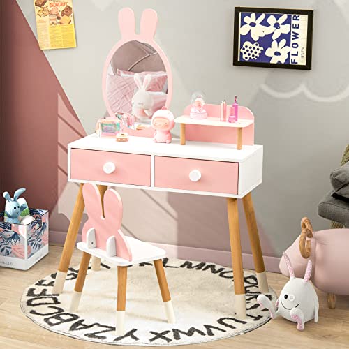 Costzon Kids Vanity Set, Girls Vanity Set with Mirror and Stool, 2 Large Drawers, Storage Shelf, Wooden Princess Makeup Dressing Table, Pretend Play Vanity Table and Chair Set for Toddlers, Pink