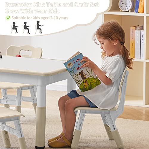 DOREROOM Toddler Table and Chairs Set for 4, 49''L x 25''W Kids Study Table and Chair Set, Height-Adjustable Scrubtable Desktop Child's Table for Daycare, Classroom, Home, Burlywood
