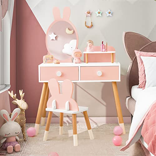 Costzon Kids Vanity Set, Girls Vanity Set with Mirror and Stool, 2 Large Drawers, Storage Shelf, Wooden Princess Makeup Dressing Table, Pretend Play Vanity Table and Chair Set for Toddlers, Pink