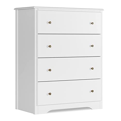 URKNO White Dresser with 4 Drawers, Modern Wide Chest of Drawers, Solid Wood Frame, Tall Storage Chest, Nightstand for Bedroom, Closet, Entryway, White