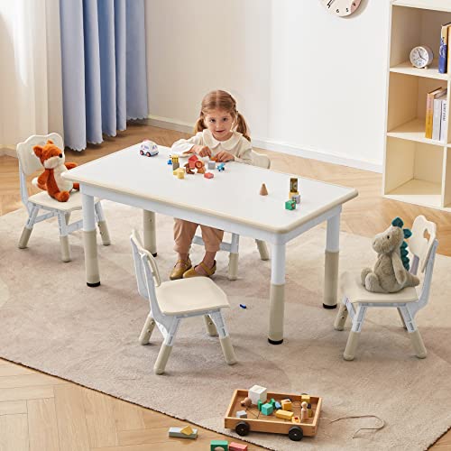 DOREROOM Toddler Table and Chairs Set for 4, 49''L x 25''W Kids Study Table and Chair Set, Height-Adjustable Scrubtable Desktop Child's Table for Daycare, Classroom, Home, Burlywood