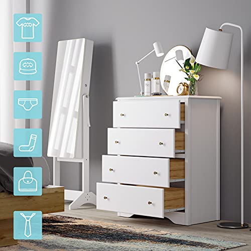 URKNO White Dresser with 4 Drawers, Modern Wide Chest of Drawers, Solid Wood Frame, Tall Storage Chest, Nightstand for Bedroom, Closet, Entryway, White