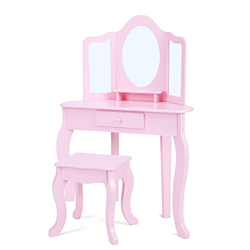 Fantasy Fields Little Lady Alessandra Wooden Corner Vanity Desk with Trifold Mirror and Storage Plus Coordinating Stool Set, Pink