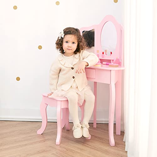 Fantasy Fields Little Lady Alessandra Wooden Corner Vanity Desk with Trifold Mirror and Storage Plus Coordinating Stool Set, Pink