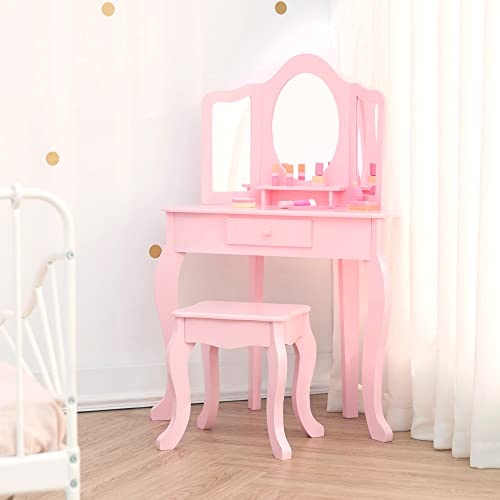 Fantasy Fields Little Lady Alessandra Wooden Corner Vanity Desk with Trifold Mirror and Storage Plus Coordinating Stool Set, Pink