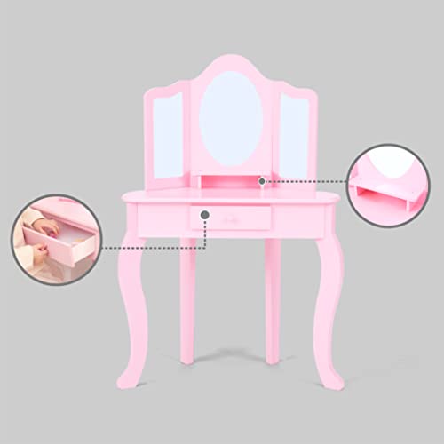 Fantasy Fields Little Lady Alessandra Wooden Corner Vanity Desk with Trifold Mirror and Storage Plus Coordinating Stool Set, Pink