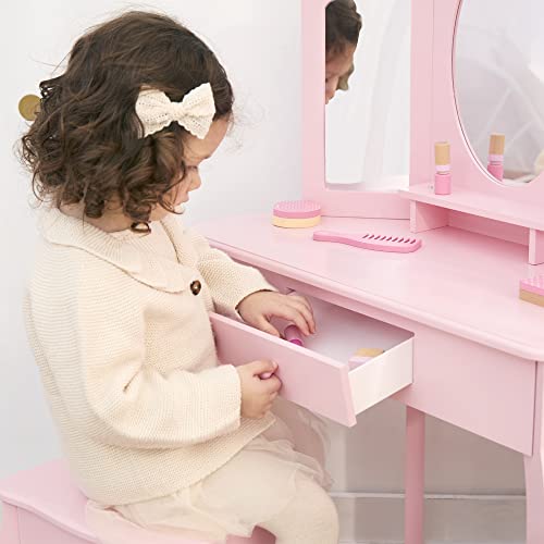 Fantasy Fields Little Lady Alessandra Wooden Corner Vanity Desk with Trifold Mirror and Storage Plus Coordinating Stool Set, Pink