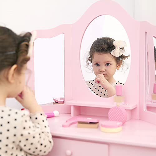 Fantasy Fields Little Lady Alessandra Wooden Corner Vanity Desk with Trifold Mirror and Storage Plus Coordinating Stool Set, Pink