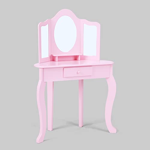 Fantasy Fields Little Lady Alessandra Wooden Corner Vanity Desk with Trifold Mirror and Storage Plus Coordinating Stool Set, Pink