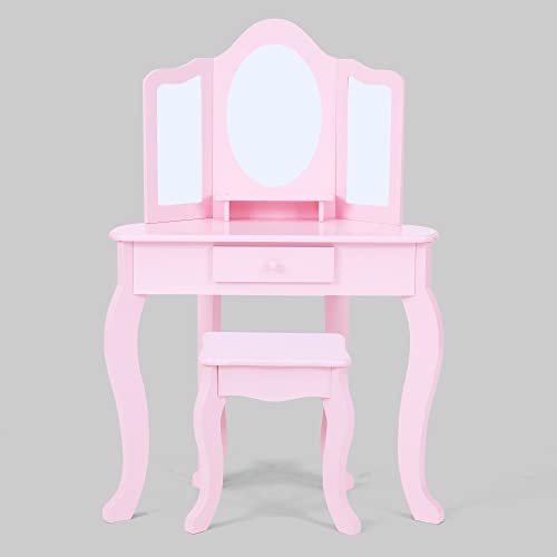 Fantasy Fields Little Lady Alessandra Wooden Corner Vanity Desk with Trifold Mirror and Storage Plus Coordinating Stool Set, Pink