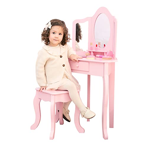 Fantasy Fields Little Lady Alessandra Wooden Corner Vanity Desk with Trifold Mirror and Storage Plus Coordinating Stool Set, Pink