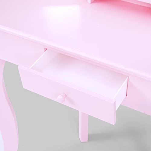 Fantasy Fields Little Lady Alessandra Wooden Corner Vanity Desk with Trifold Mirror and Storage Plus Coordinating Stool Set, Pink