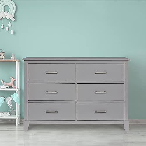 Dream On Me Universal Double Dresser in Pebble Grey, Kids Bedroom Dresser, Six Drawers Dresser, Mid-Century Modern, Made of Solid, Sustainable Pinewood, Easy Assembly