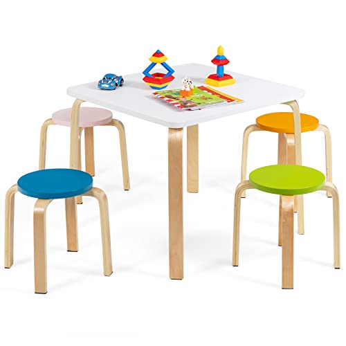 INFANS Kids Wooden Table and Stool Set, 5-Piece Activity Table with 4 Stools for Toddler Building Block Drawing Reading Art Crafts, Children Natural Furniture Set for Playroom Kindergarten Classroom