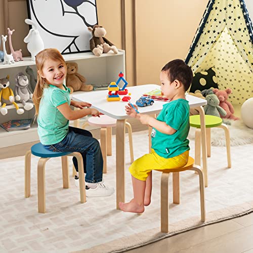 INFANS Kids Wooden Table and Stool Set, 5-Piece Activity Table with 4 Stools for Toddler Building Block Drawing Reading Art Crafts, Children Natural Furniture Set for Playroom Kindergarten Classroom