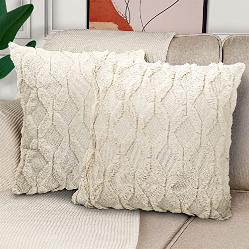Henzxi Set of 2 Throw Pillow Covers 18x18 Inches Farmhouse Decorative Throw Pillow Covers Square Boho Cushion Case with Faux Velvet Soft Plush Short Wool, Beige