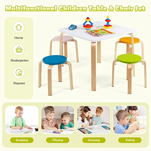 INFANS Kids Wooden Table and Stool Set, 5-Piece Activity Table with 4 Stools for Toddler Building Block Drawing Reading Art Crafts, Children Natural Furniture Set for Playroom Kindergarten Classroom