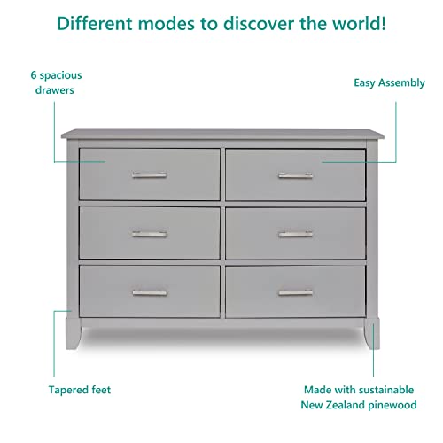 Dream On Me Universal Double Dresser in Pebble Grey, Kids Bedroom Dresser, Six Drawers Dresser, Mid-Century Modern, Made of Solid, Sustainable Pinewood, Easy Assembly
