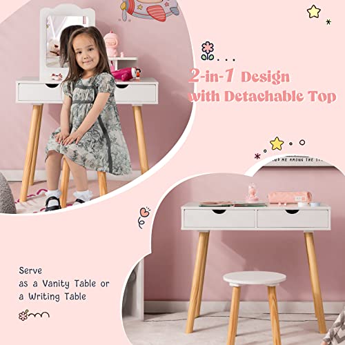 HONEY JOY Kids Vanity, Toddler Dressing Table & Chair for Bedroom, 2 Storage Drawer & Square Mirror, Princess Makeup Vanity Set for Little Girls Age 3+, Wood Girls Vanity Set w/Mirror and Stool, White