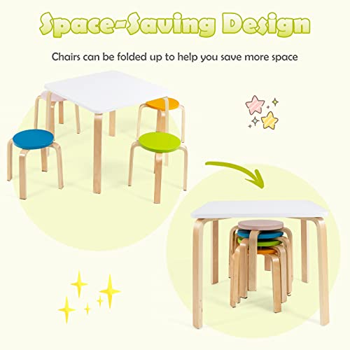 INFANS Kids Wooden Table and Stool Set, 5-Piece Activity Table with 4 Stools for Toddler Building Block Drawing Reading Art Crafts, Children Natural Furniture Set for Playroom Kindergarten Classroom