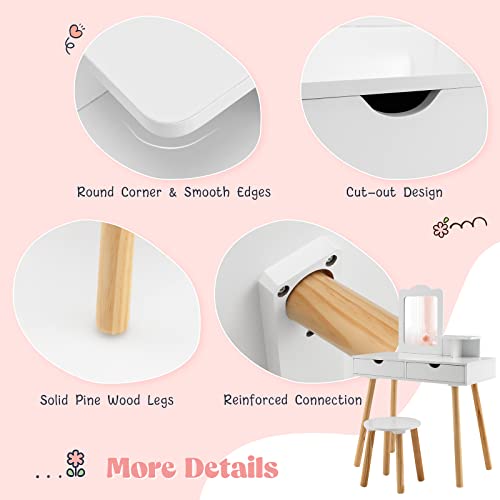 HONEY JOY Kids Vanity, Toddler Dressing Table & Chair for Bedroom, 2 Storage Drawer & Square Mirror, Princess Makeup Vanity Set for Little Girls Age 3+, Wood Girls Vanity Set w/Mirror and Stool, White
