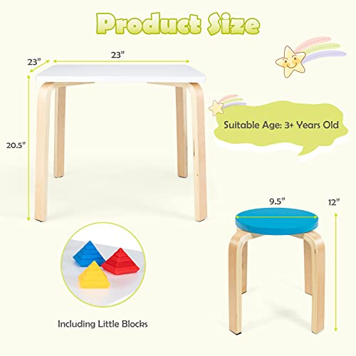 INFANS Kids Wooden Table and Stool Set, 5-Piece Activity Table with 4 Stools for Toddler Building Block Drawing Reading Art Crafts, Children Natural Furniture Set for Playroom Kindergarten Classroom