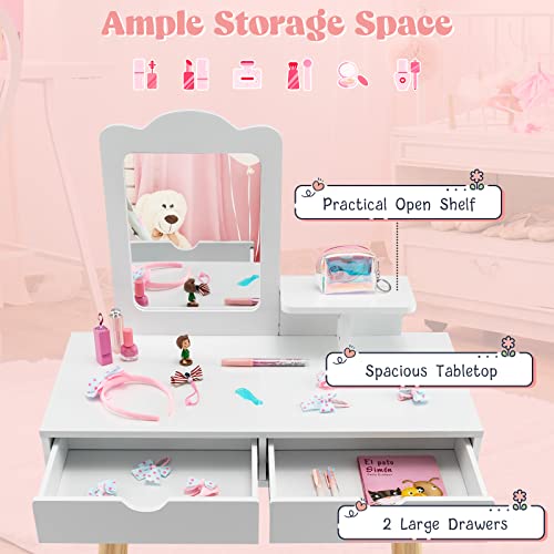 HONEY JOY Kids Vanity, Toddler Dressing Table & Chair for Bedroom, 2 Storage Drawer & Square Mirror, Princess Makeup Vanity Set for Little Girls Age 3+, Wood Girls Vanity Set w/Mirror and Stool, White
