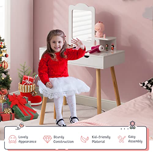 HONEY JOY Kids Vanity, Toddler Dressing Table & Chair for Bedroom, 2 Storage Drawer & Square Mirror, Princess Makeup Vanity Set for Little Girls Age 3+, Wood Girls Vanity Set w/Mirror and Stool, White