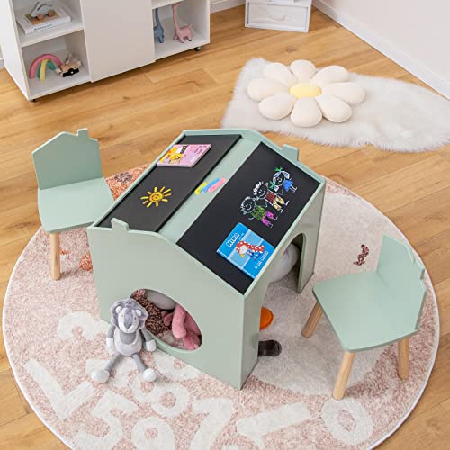 Costzon Kids Table and Chair Set, 3 Pieces Wooden Table Set for Toddler w/Chalkboards for Arts, Crafts, Reading, Drawing, House-Shaped Space-Saving Children Furniture Set, Gift for Boys Girls, Green