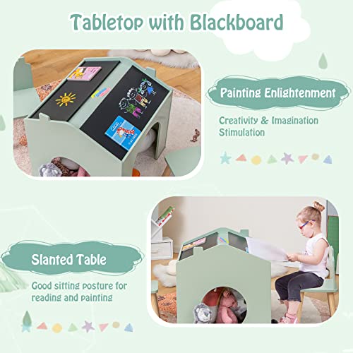 Costzon Kids Table and Chair Set, 3 Pieces Wooden Table Set for Toddler w/Chalkboards for Arts, Crafts, Reading, Drawing, House-Shaped Space-Saving Children Furniture Set, Gift for Boys Girls, Green