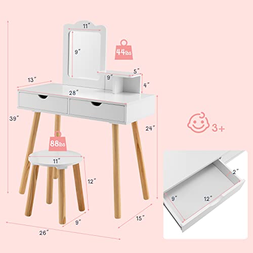 HONEY JOY Kids Vanity, Toddler Dressing Table & Chair for Bedroom, 2 Storage Drawer & Square Mirror, Princess Makeup Vanity Set for Little Girls Age 3+, Wood Girls Vanity Set w/Mirror and Stool, White