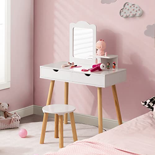 HONEY JOY Kids Vanity, Toddler Dressing Table & Chair for Bedroom, 2 Storage Drawer & Square Mirror, Princess Makeup Vanity Set for Little Girls Age 3+, Wood Girls Vanity Set w/Mirror and Stool, White