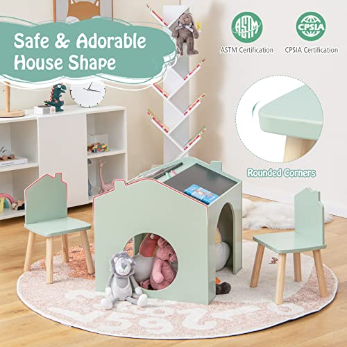 Costzon Kids Table and Chair Set, 3 Pieces Wooden Table Set for Toddler w/Chalkboards for Arts, Crafts, Reading, Drawing, House-Shaped Space-Saving Children Furniture Set, Gift for Boys Girls, Green