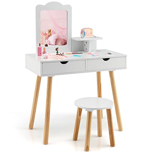 HONEY JOY Kids Vanity, Toddler Dressing Table & Chair for Bedroom, 2 Storage Drawer & Square Mirror, Princess Makeup Vanity Set for Little Girls Age 3+, Wood Girls Vanity Set w/Mirror and Stool, White