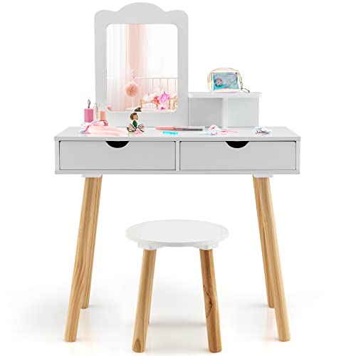 HONEY JOY Kids Vanity, Toddler Dressing Table & Chair for Bedroom, 2 Storage Drawer & Square Mirror, Princess Makeup Vanity Set for Little Girls Age 3+, Wood Girls Vanity Set w/Mirror and Stool, White
