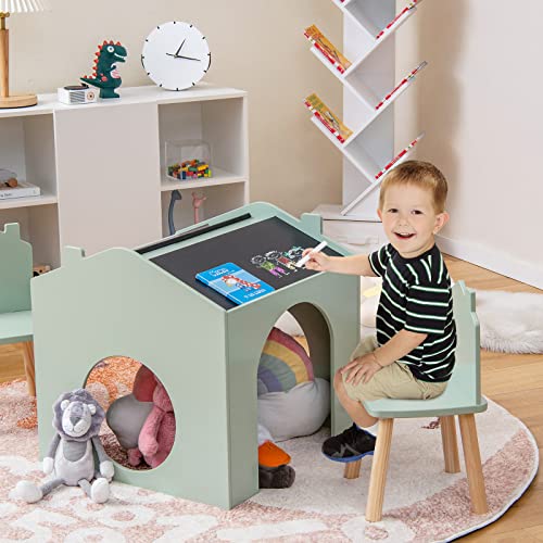 Costzon Kids Table and Chair Set, 3 Pieces Wooden Table Set for Toddler w/Chalkboards for Arts, Crafts, Reading, Drawing, House-Shaped Space-Saving Children Furniture Set, Gift for Boys Girls, Green