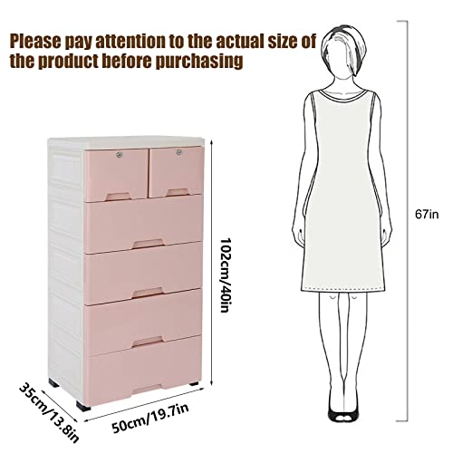 Gdrasuya10 Plastic Dresser with 6 Drawers for Clothes Large,Plastic Chest of Drawers Storage Cabinet,Storage Organizer Closet,Kid Plastic Storage Dressers with Wheels,Pink