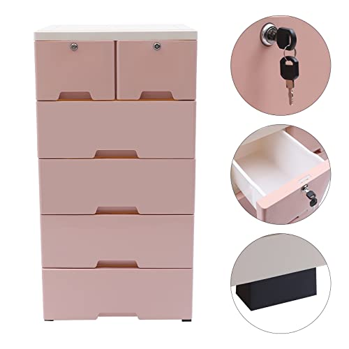 Gdrasuya10 Plastic Dresser with 6 Drawers for Clothes Large,Plastic Chest of Drawers Storage Cabinet,Storage Organizer Closet,Kid Plastic Storage Dressers with Wheels,Pink