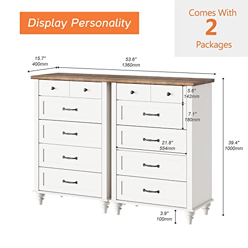 Kids Dresser for Bedroom with 10 Drawers, White Tall Dressers with Wide Chest of Drawers, Mid Century Modern Wooden Closet Storage Organizer for Living Room, Nursery, Hallway