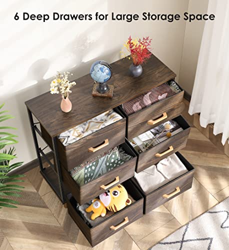Nicehill Dresser for Bedroom with 6 Drawers, Storage Drawer Organizer, Wide Chest of Drawers for Closet, Clothes, Kids, Baby, Living Room, TV Stand with Storage Drawers, Wooden Top