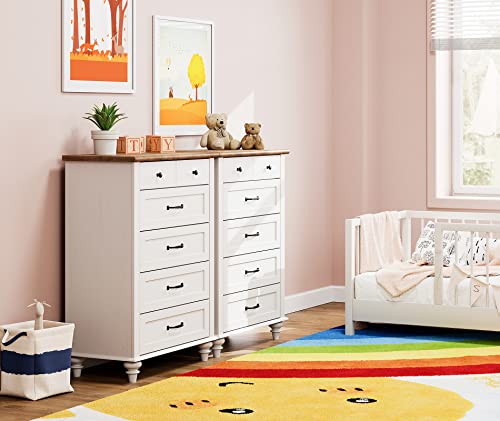 Kids Dresser for Bedroom with 10 Drawers, White Tall Dressers with Wide Chest of Drawers, Mid Century Modern Wooden Closet Storage Organizer for Living Room, Nursery, Hallway