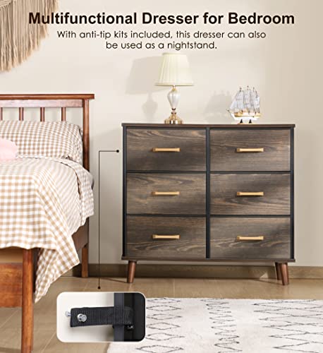 Nicehill Dresser for Bedroom with 6 Drawers, Storage Drawer Organizer, Wide Chest of Drawers for Closet, Clothes, Kids, Baby, Living Room, TV Stand with Storage Drawers, Wooden Top