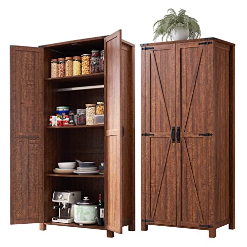OKD Storage Cabinet, 32'' Farmhouse Armoire w/Adjustable Shelves, Rustic Pantry w/2 Barn Doors & Hanging Rod, Versatile Storage for Kitchen, Bathroom, Laundry,Utility Room, Reclaimed Barnwood Color