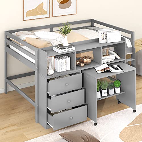 Low Full Loft Bed with Desk and Storage Drawers Wood Kids Loft Beds Frame with Storage Shelves & Rolling Portable Desk for Juniors, Teen, Boys, Girls, Full Size, Gray