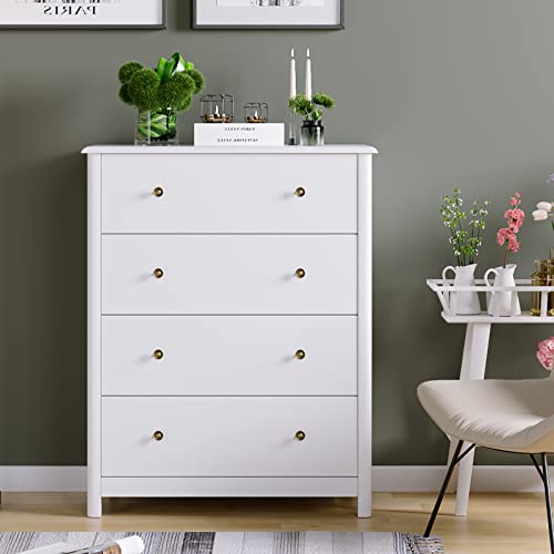 Dresser Chest of Drawers, Bedroom Dresser with 4 Drawers, Modern Wood Storage Tower Unit, Ideal for Nursery, Toddlers Room, Kids Room, White