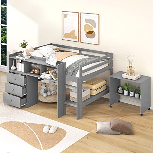 Low Full Loft Bed with Desk and Storage Drawers Wood Kids Loft Beds Frame with Storage Shelves & Rolling Portable Desk for Juniors, Teen, Boys, Girls, Full Size, Gray